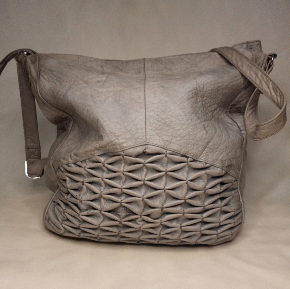 Anthropologie Taupe Leather Hobo with Woven Front Detail